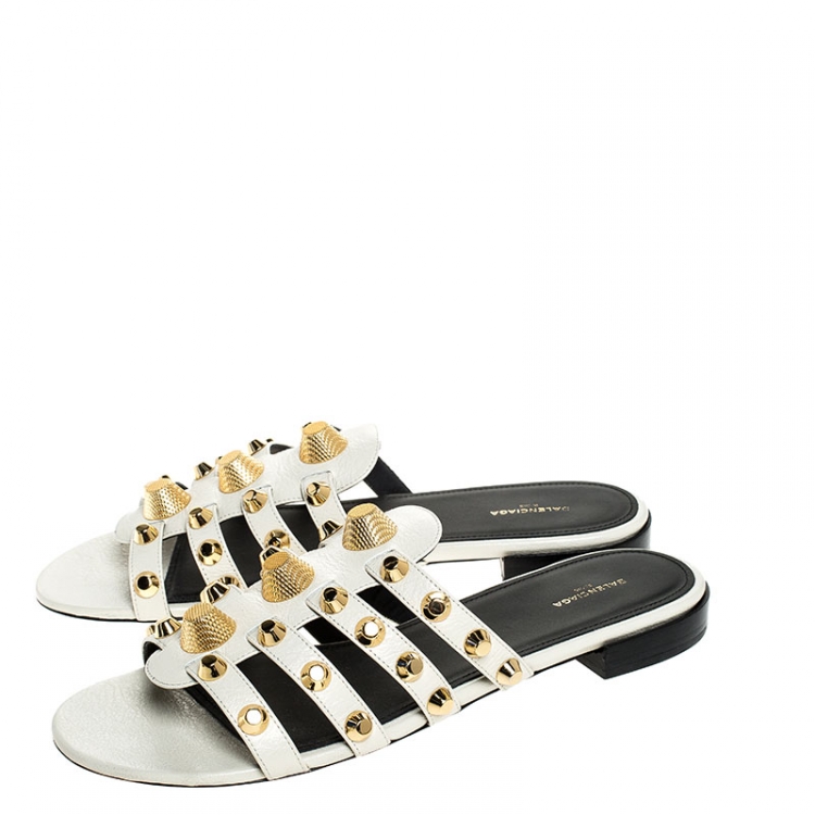 Pre Owned Balenciaga White Leather Studded Strappy Flat Sandals Size 40