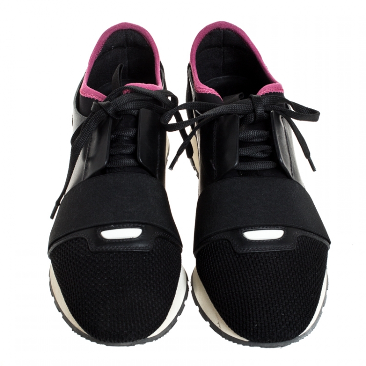 Pre Owned Balenciaga Black Leather And Mesh Race Runners Sneakers Size 40