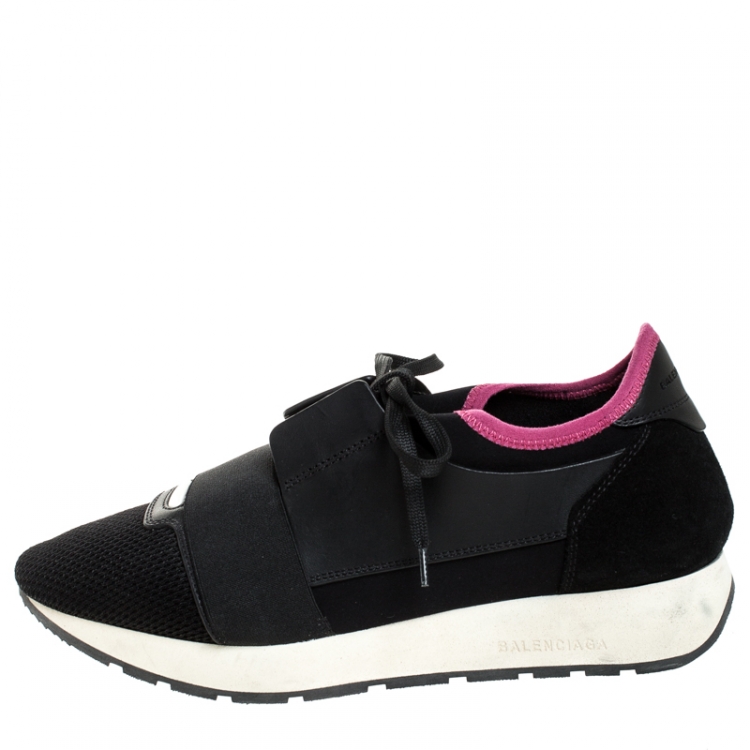 Pre Owned Balenciaga Black Leather And Mesh Race Runners Sneakers Size 40