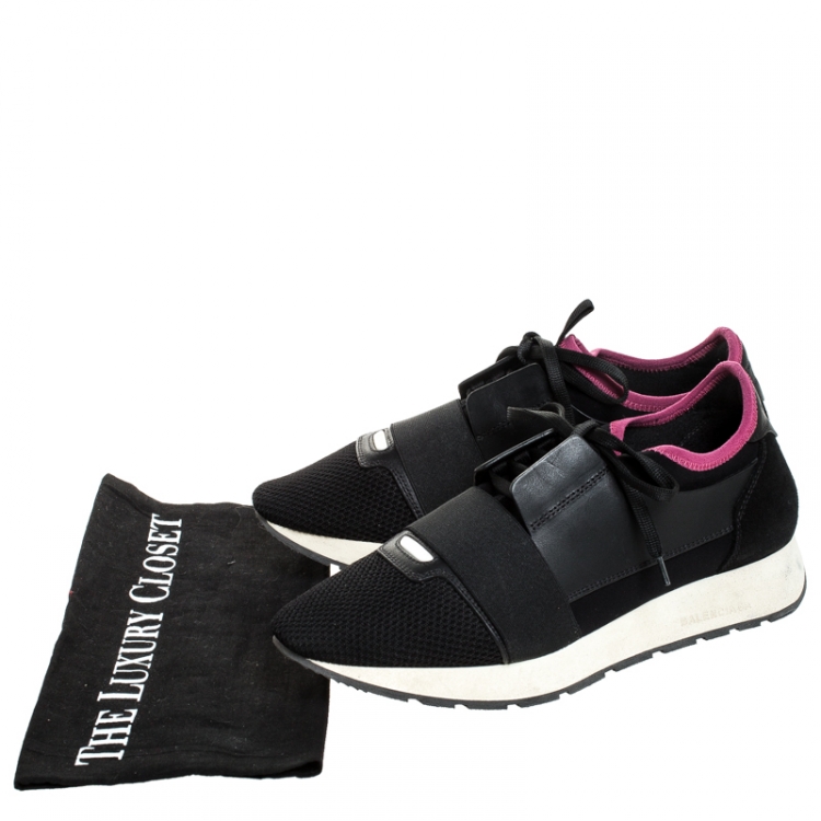 Pre Owned Balenciaga Black Leather And Mesh Race Runners Sneakers Size 40