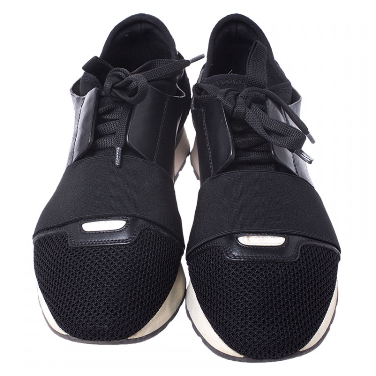 Pre Owned Balenciaga Black Leather, Mesh and Neoprene Race Runner Sneakers Size 38