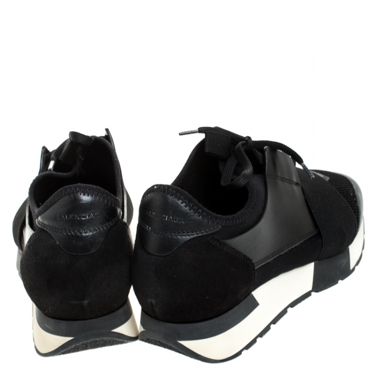 Pre Owned Balenciaga Black Leather, Mesh And Suede Race Runner Sneakers Size 39