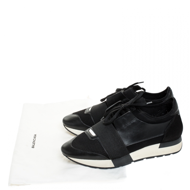Pre Owned Balenciaga Black Leather, Mesh And Suede Race Runner Sneakers Size 39