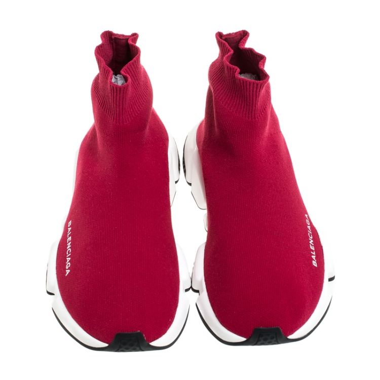 Pre Owned Balenciaga Red Knit Fabric Speed Trainers Sneakers Size 38
