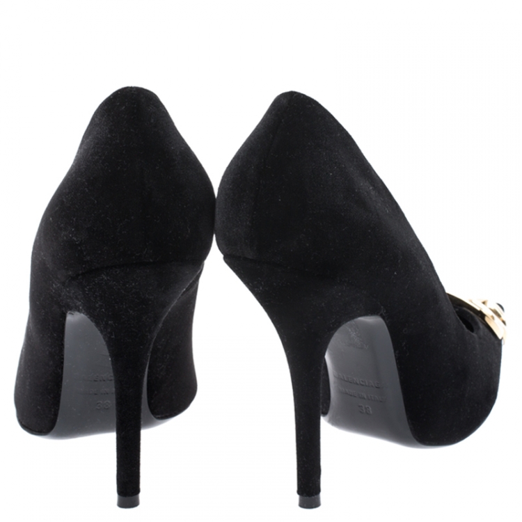 Pre Owned Balenciaga Black Velvet BB Pointed Toe Pumps Size 38