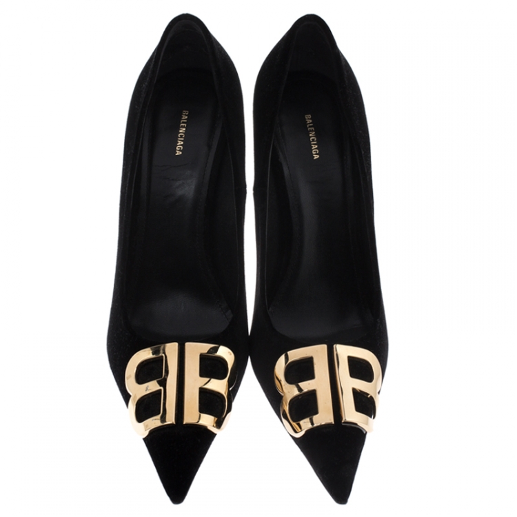 Pre Owned Balenciaga Black Velvet BB Pointed Toe Pumps Size 38