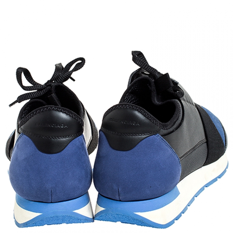 Pre Owned Balenciaga Blue/Black Stretch Fabric, Leather And Nubuck Race Runner Sneakers Size 47