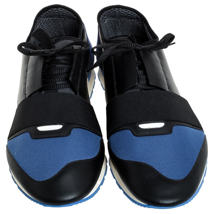 Pre Owned Balenciaga Blue/Black Stretch Fabric, Leather And Nubuck Race Runner Sneakers Size 47