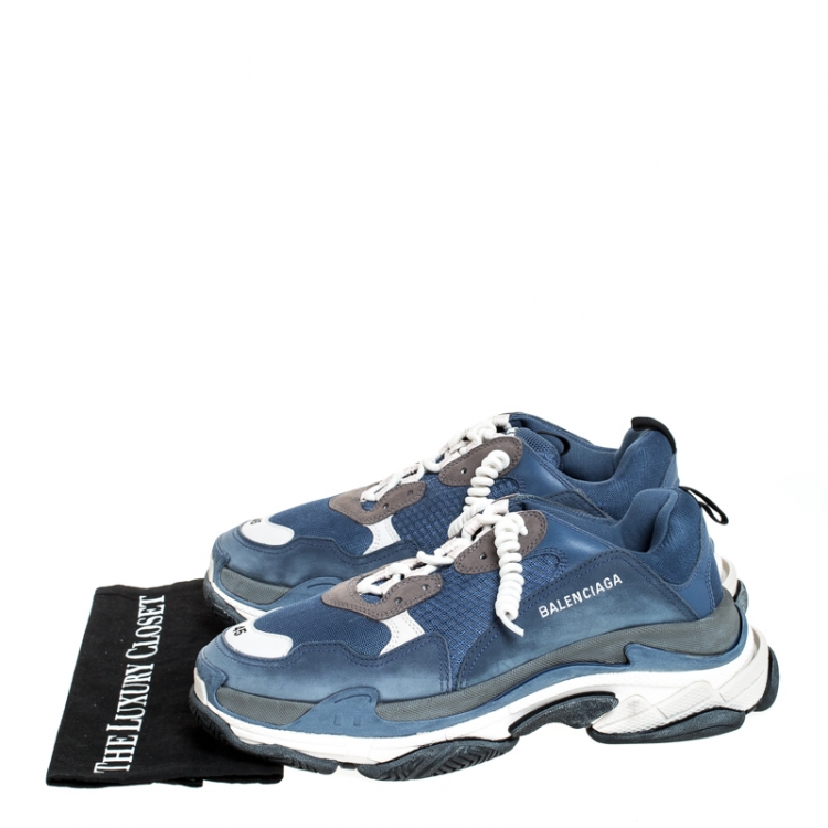 مملوكة مسبقًا Balenciaga Blue/White Mesh, Nubuck And Leather Triple S Sneakers Size 45