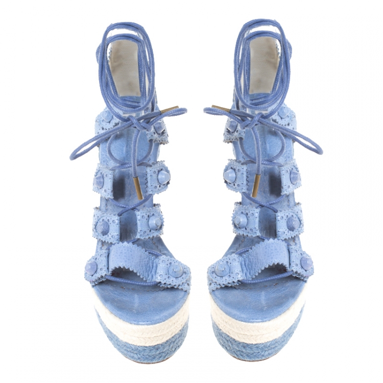 Pre Owned Balenciaga Blue Leather Brogue Lace Up Espadrille Platform Wedge Sandals Size 38