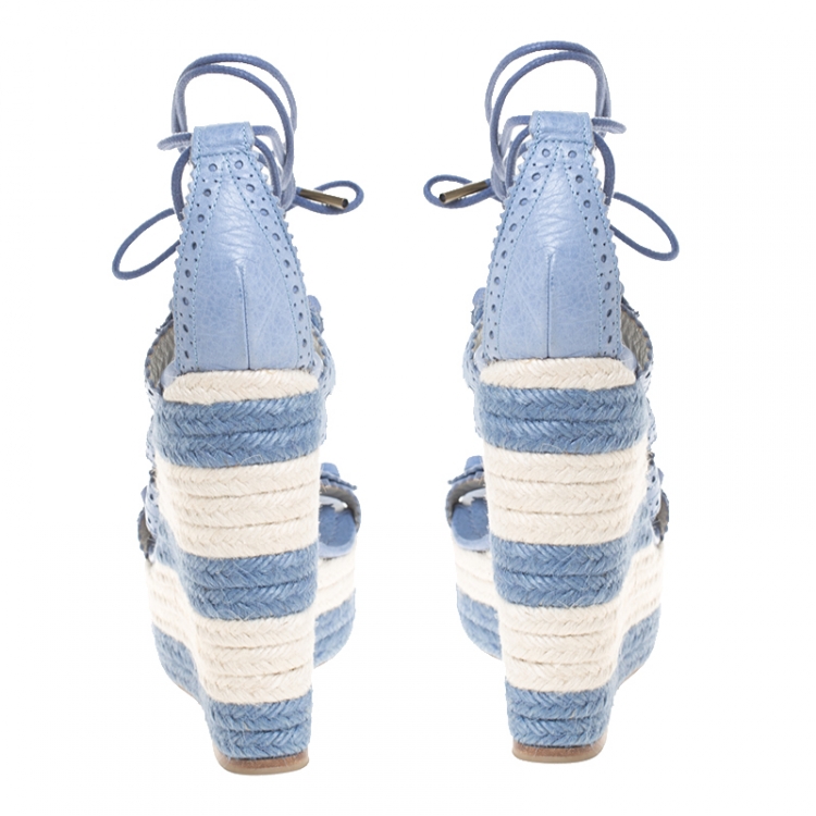 Pre Owned Balenciaga Blue Leather Brogue Lace Up Espadrille Platform Wedge Sandals Size 38