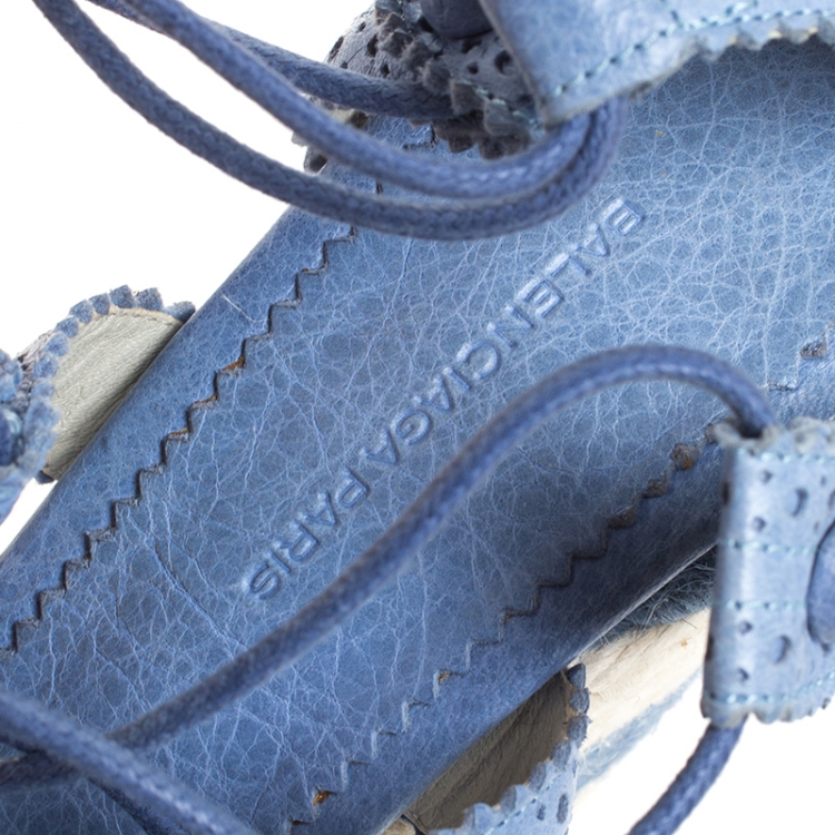 Pre Owned Balenciaga Blue Leather Brogue Lace Up Espadrille Platform Wedge Sandals Size 38