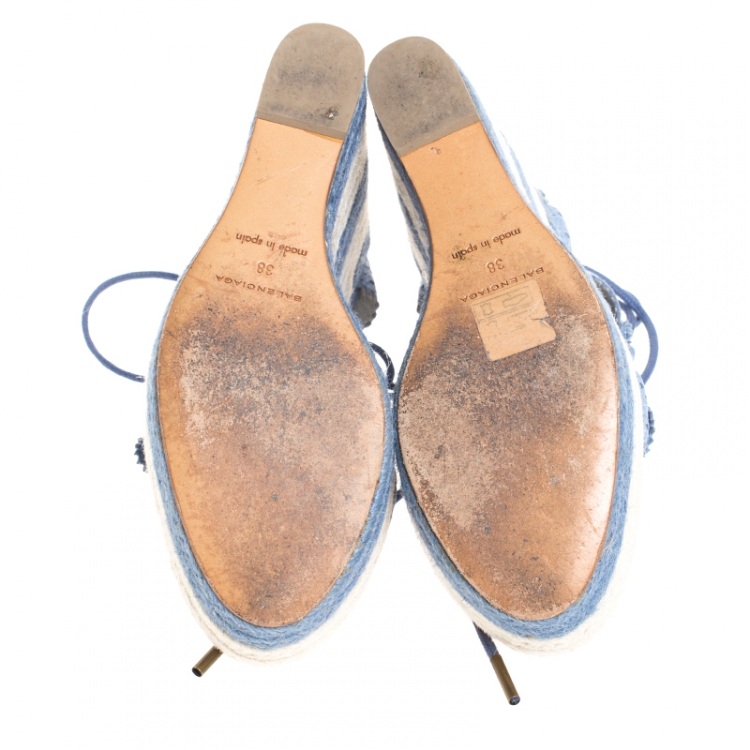 Pre Owned Balenciaga Blue Leather Brogue Lace Up Espadrille Platform Wedge Sandals Size 38