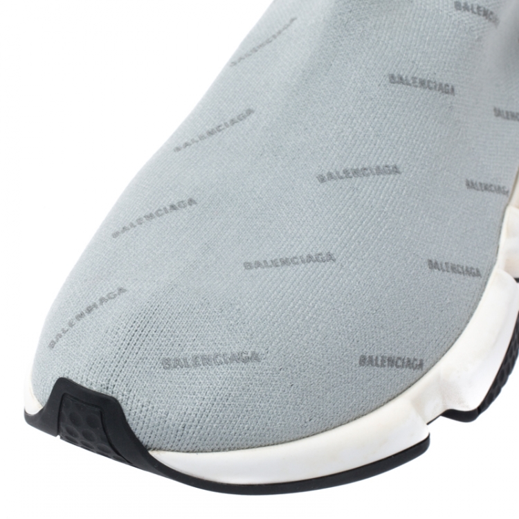 Pre Owned Balenciaga Grey Logo Print Knit Speed Trainer Sneakers Size 41