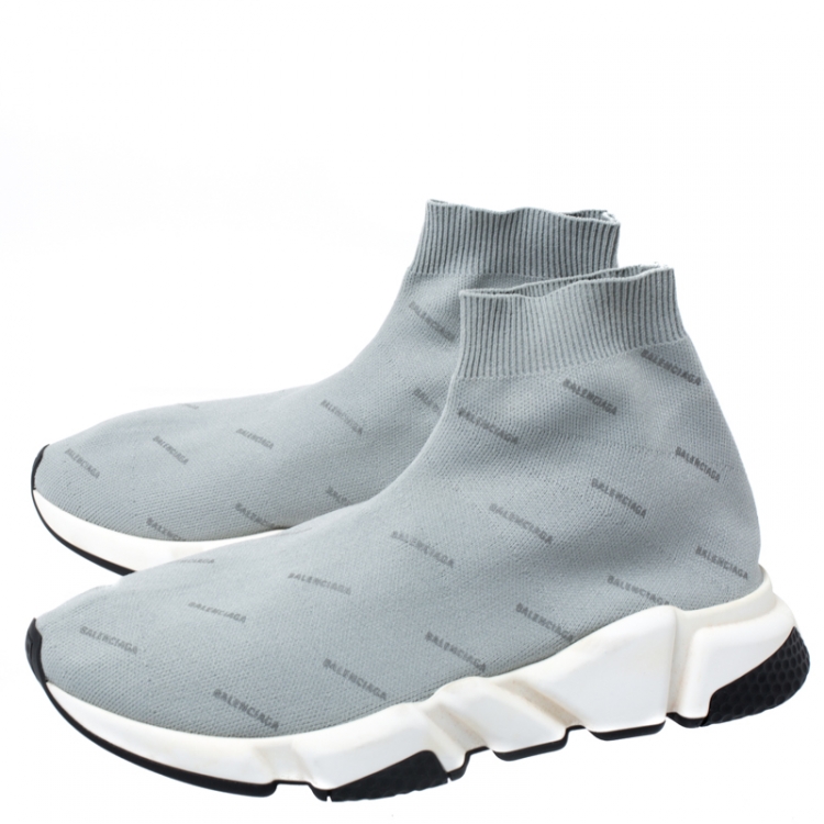Pre Owned Balenciaga Grey Logo Print Knit Speed Trainer Sneakers Size 41