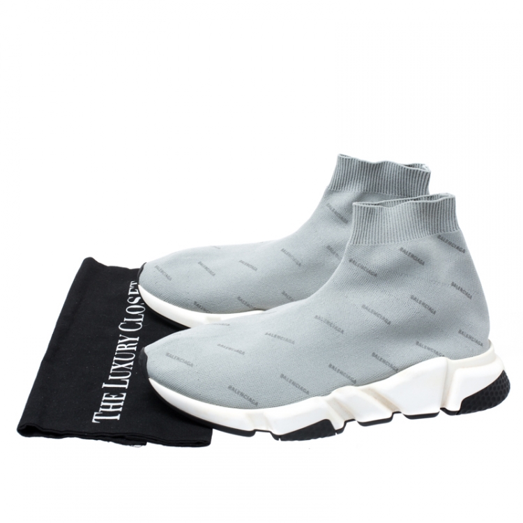 Pre Owned Balenciaga Grey Logo Print Knit Speed Trainer Sneakers Size 41