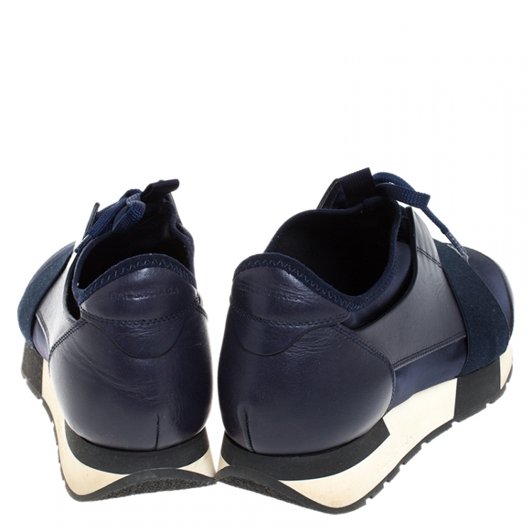 Pre Owned Balenciaga Blue Leather And Stretch Fabric Race Runner Sneakers Size 40