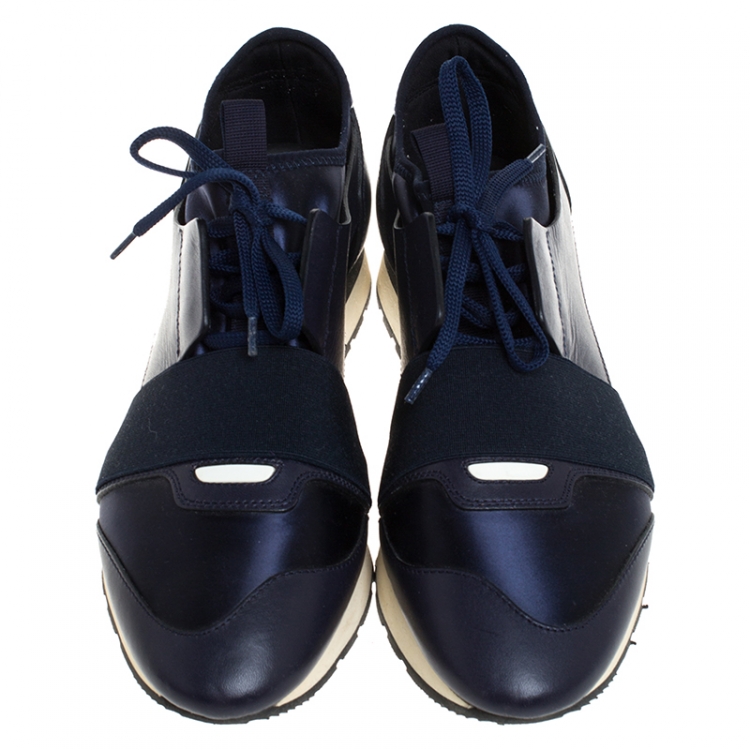 Pre Owned Balenciaga Blue Leather And Stretch Fabric Race Runner Sneakers Size 40