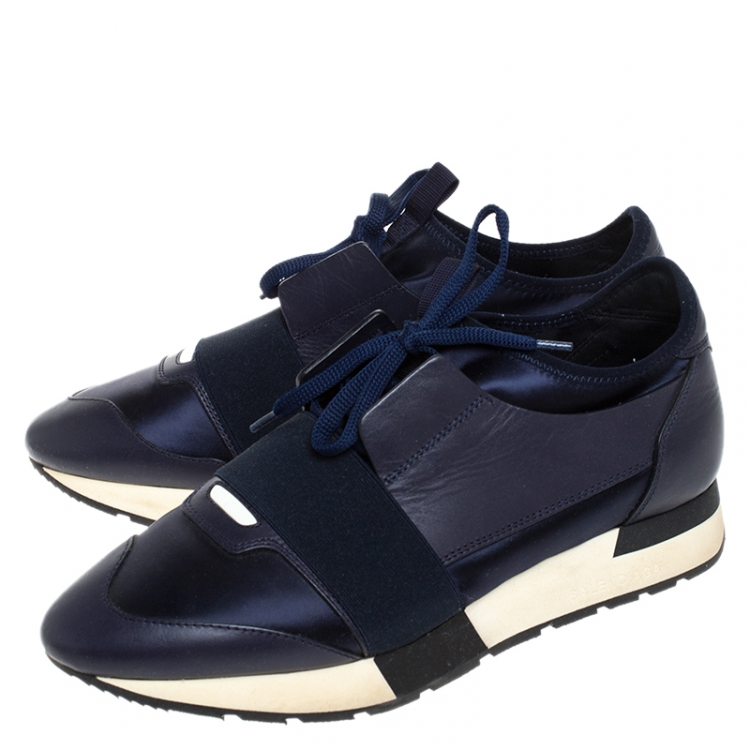Pre Owned Balenciaga Blue Leather And Stretch Fabric Race Runner Sneakers Size 40