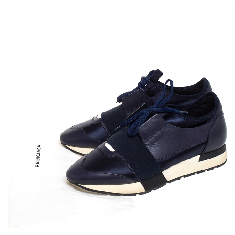 Pre Owned Balenciaga Blue Leather And Stretch Fabric Race Runner Sneakers Size 40