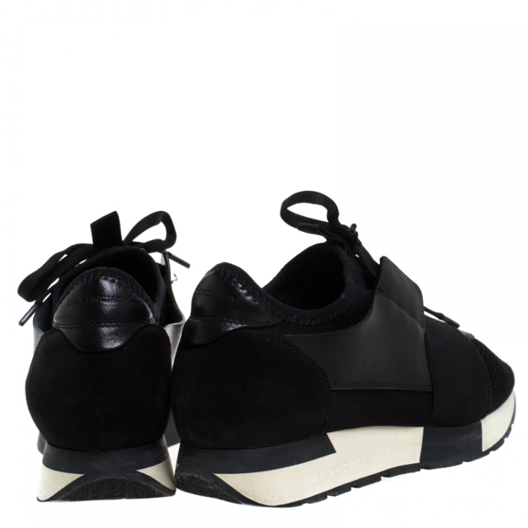 Pre Owned Balenciaga Black Suede Leather And Mesh Race Runners Lace Up Sneakers Size 37