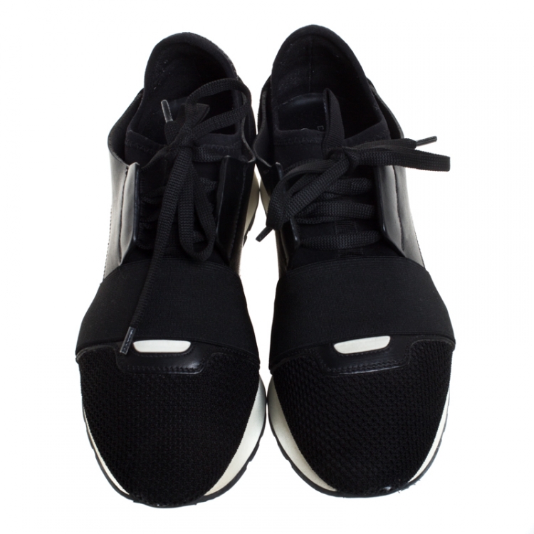 Pre Owned Balenciaga Black Suede Leather And Mesh Race Runners Lace Up Sneakers Size 37