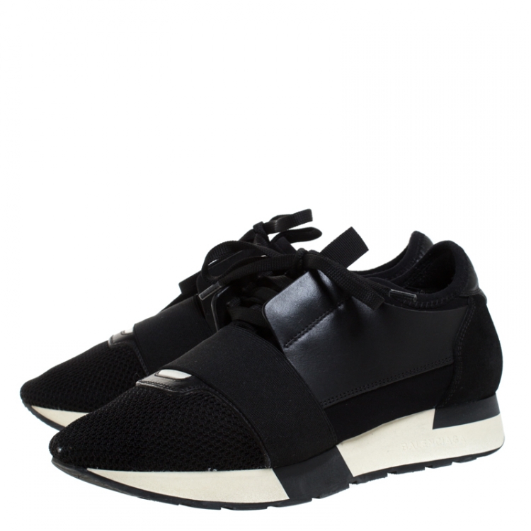 Pre Owned Balenciaga Black Suede Leather And Mesh Race Runners Lace Up Sneakers Size 37