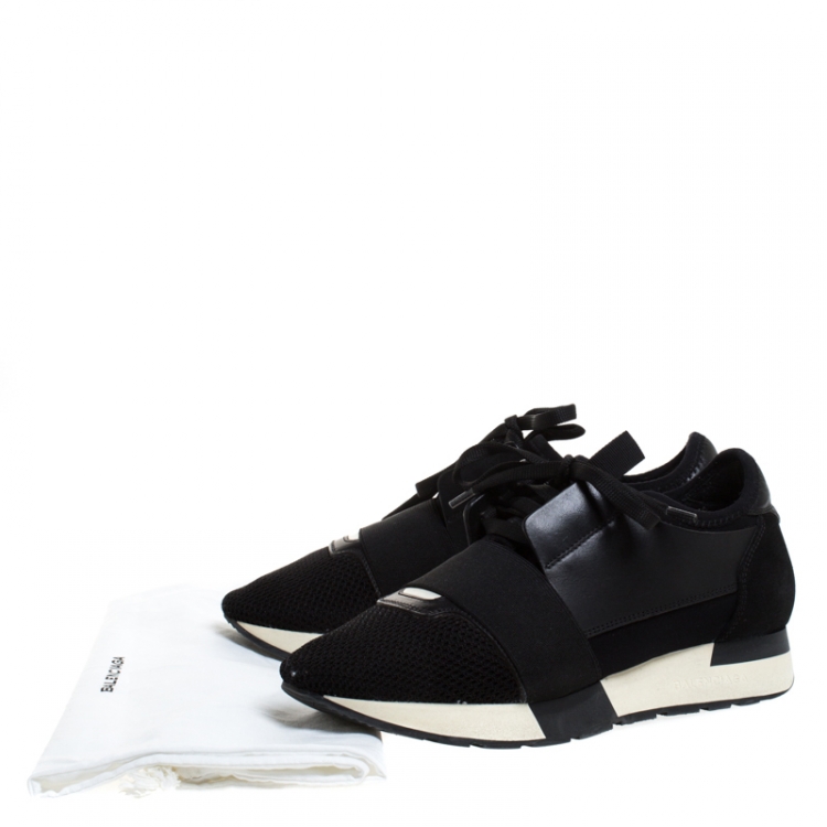 Pre Owned Balenciaga Black Suede Leather And Mesh Race Runners Lace Up Sneakers Size 37