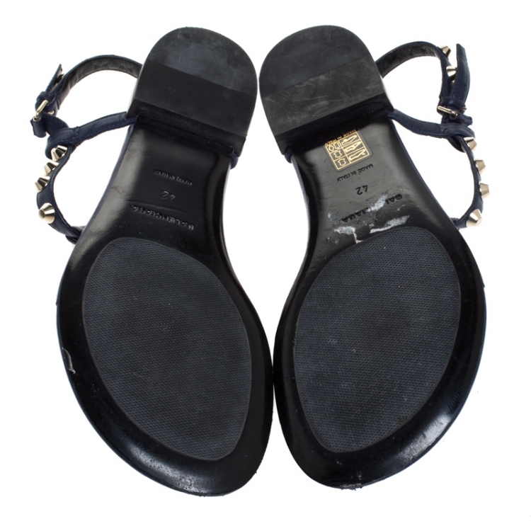 Pre Owned Balenciaga Blue Leather Studded Thong Flat Sandals Size 42