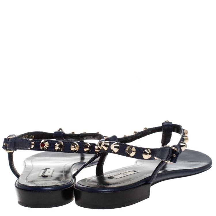 Pre Owned Balenciaga Blue Leather Studded Thong Flat Sandals Size 42