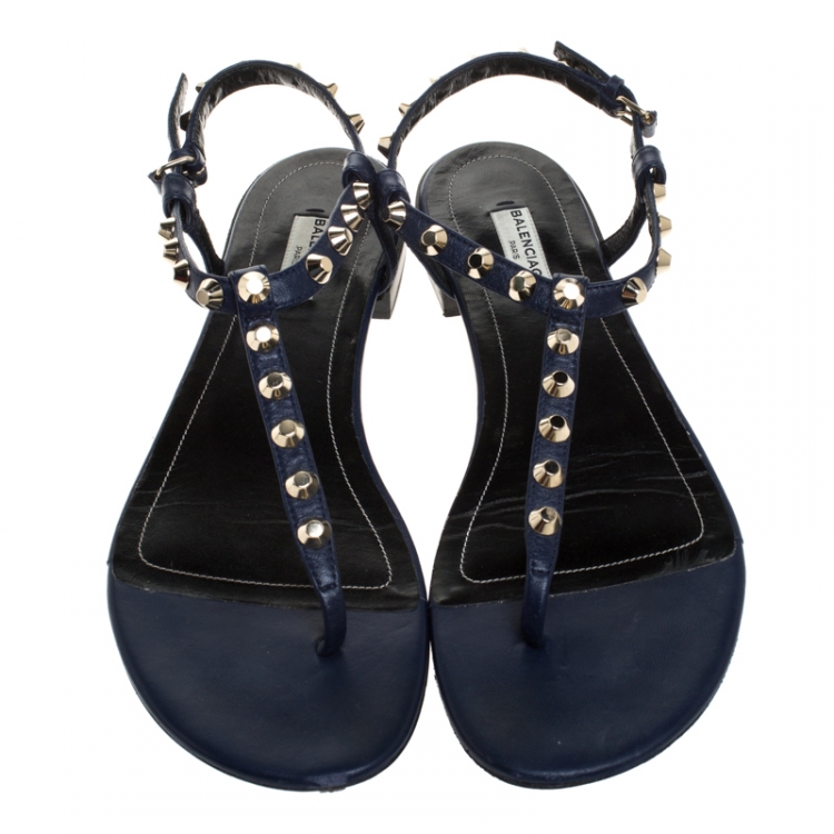 Pre Owned Balenciaga Blue Leather Studded Thong Flat Sandals Size 42