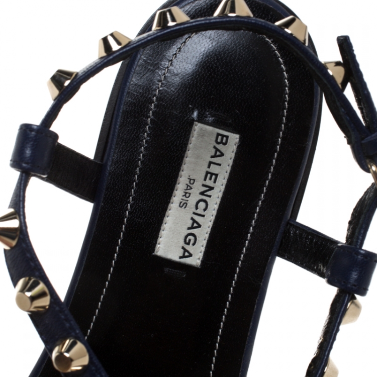 Pre Owned Balenciaga Blue Leather Studded Thong Flat Sandals Size 42