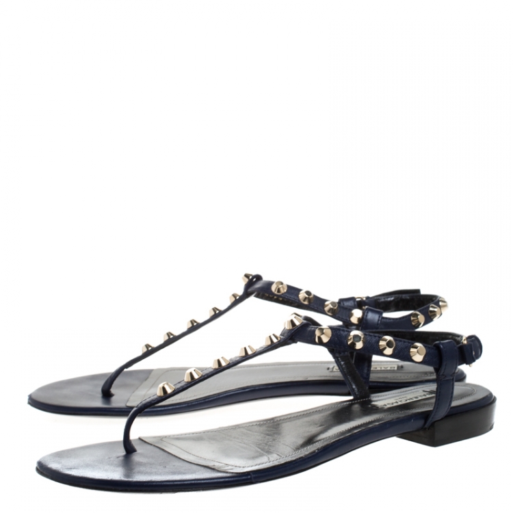Pre Owned Balenciaga Blue Leather Studded Thong Flat Sandals Size 42