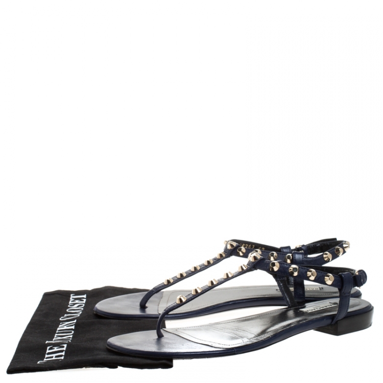 Pre Owned Balenciaga Blue Leather Studded Thong Flat Sandals Size 42