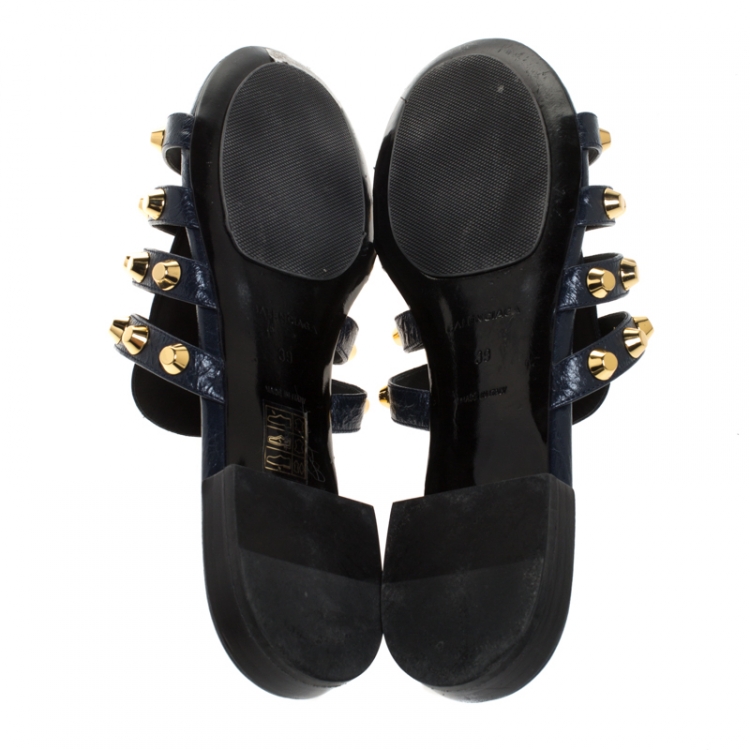 Pre Owned Balenciaga Blue Leather Arena Studded Strappy Flats Size 39