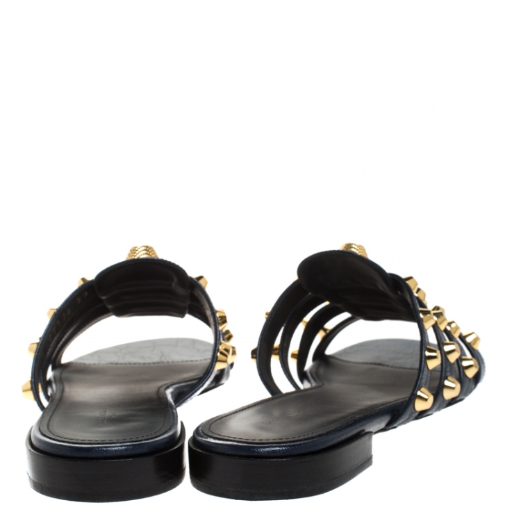 Pre Owned Balenciaga Blue Leather Arena Studded Strappy Flats Size 39