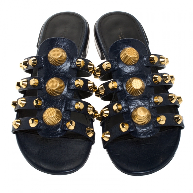 Pre Owned Balenciaga Blue Leather Arena Studded Strappy Flats Size 39