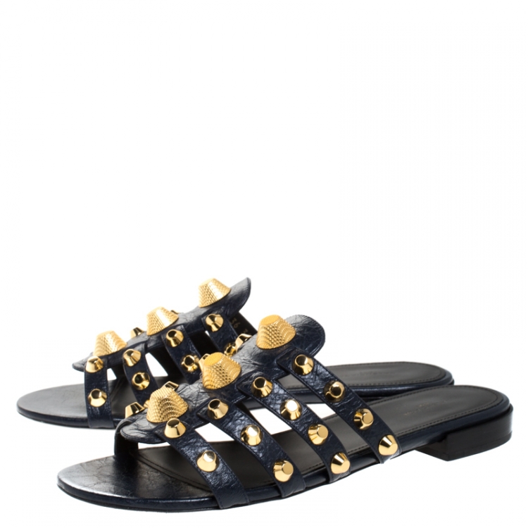 Pre Owned Balenciaga Blue Leather Arena Studded Strappy Flats Size 39