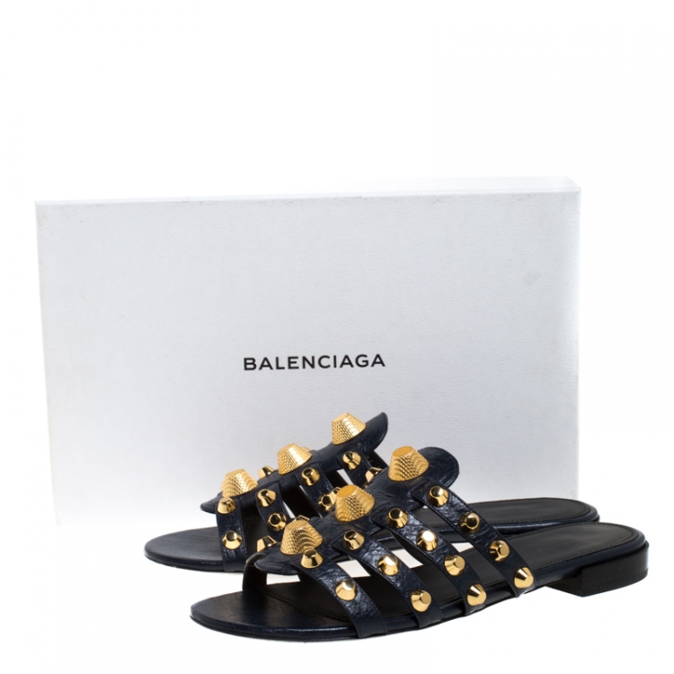 Pre Owned Balenciaga Blue Leather Arena Studded Strappy Flats Size 39
