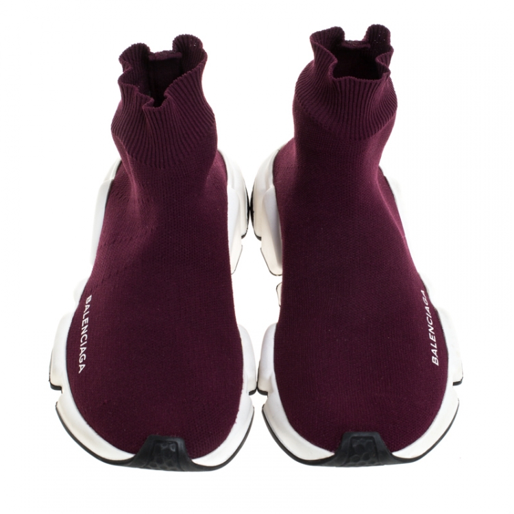 Pre Owned Balenciaga Burgundy Knit Fabric Speed Trainers Sneakers Size 37