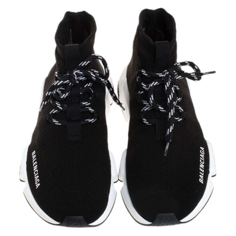 Pre Owned Balenciaga Black Knit Fabric Speed Trainer Lace Up Sneakers Size 38
