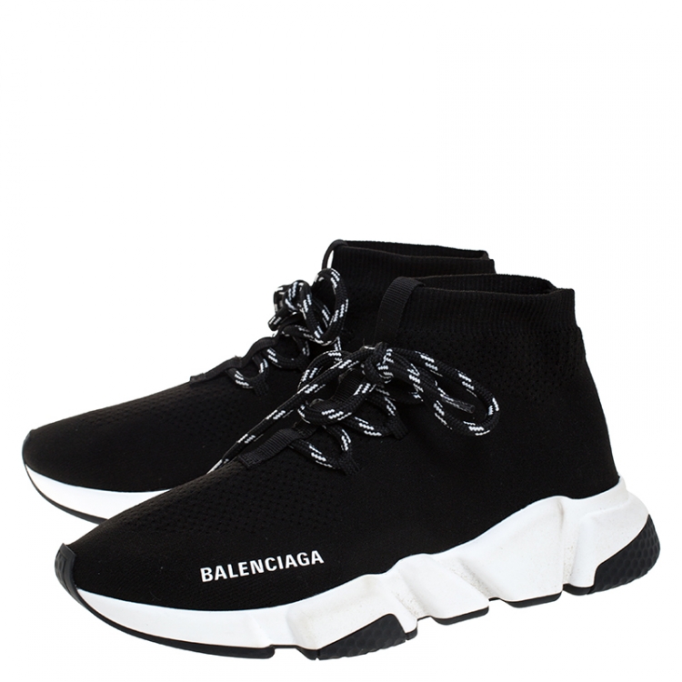 Pre Owned Balenciaga Black Knit Fabric Speed Trainer Lace Up Sneakers Size 38
