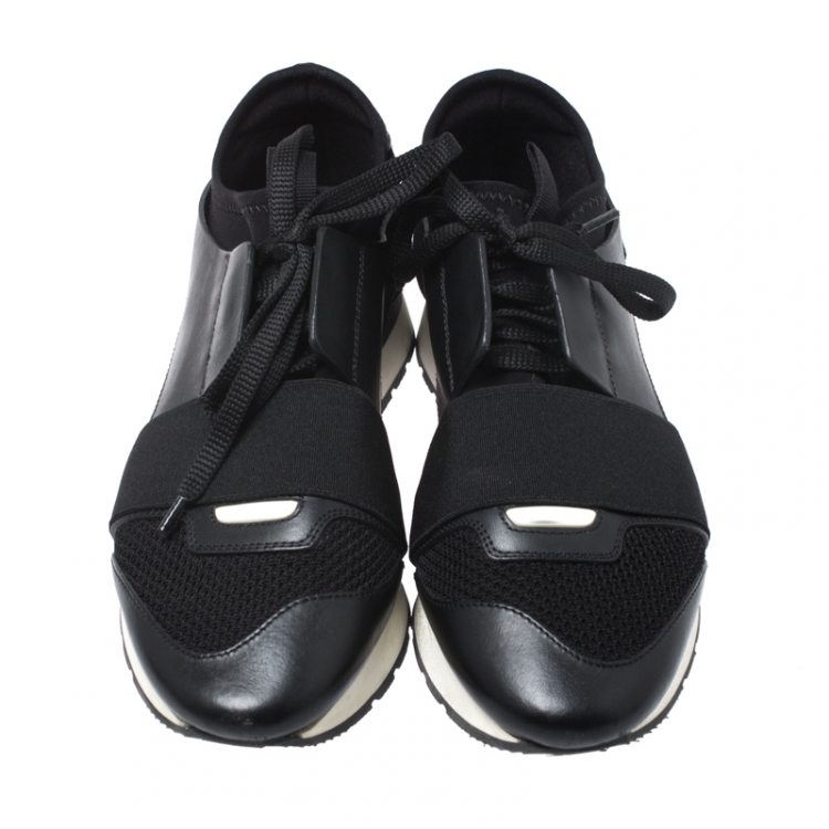 Pre Owned Balenciaga Black Leather, Mesh And Suede Race Runner Sneakers Size 37