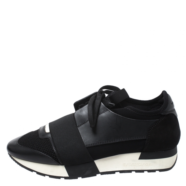 Balenciaga Black Leather, Mesh And Suede Race Runner Sneakers Size