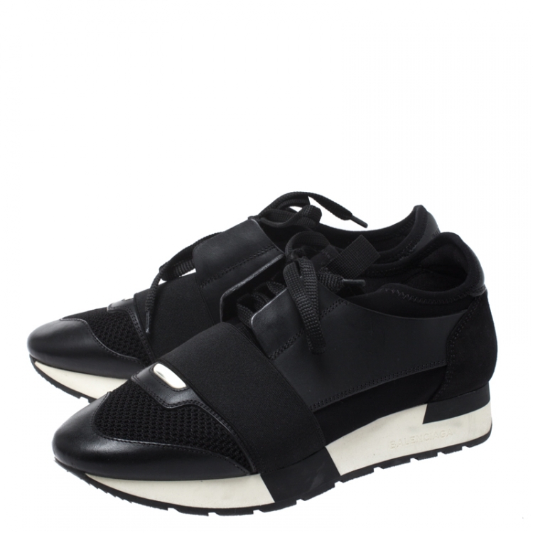 Pre Owned Balenciaga Black Leather, Mesh And Suede Race Runner Sneakers Size 37