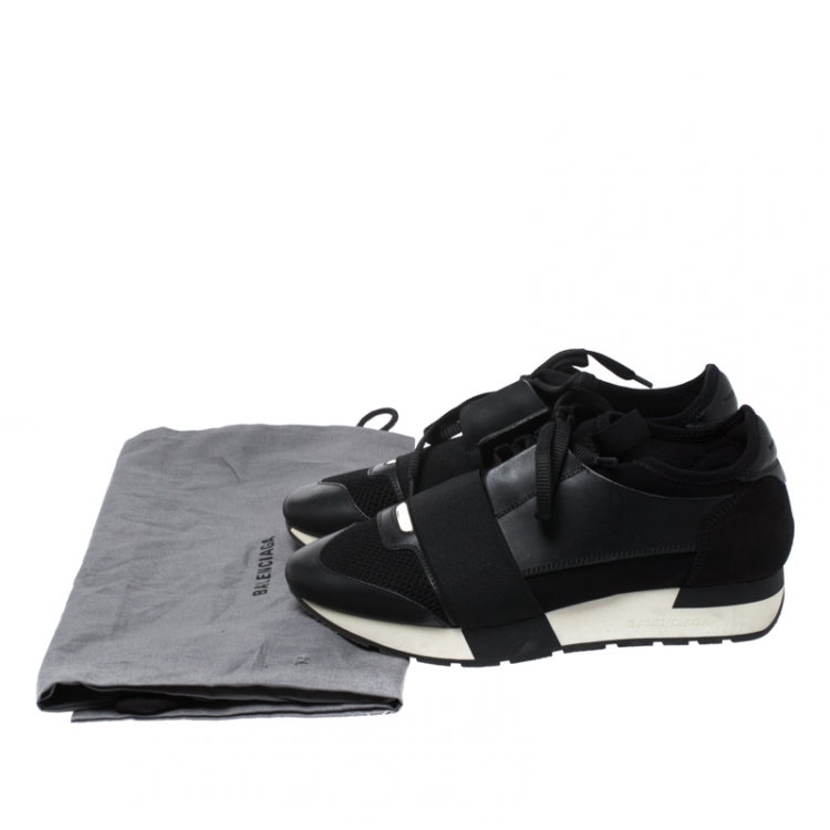 Pre Owned Balenciaga Black Leather, Mesh And Suede Race Runner Sneakers Size 37