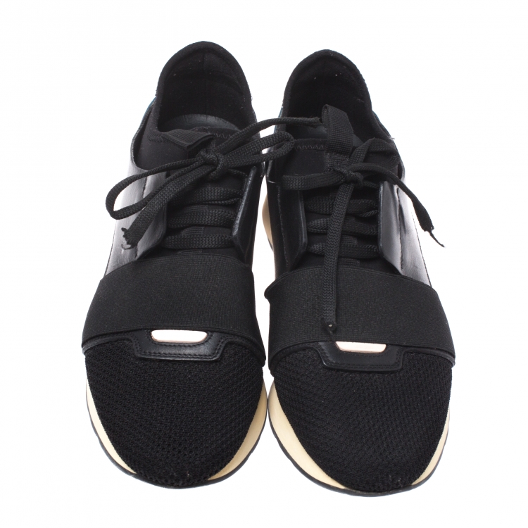Pre Owned Balenciaga Black Leather, Mesh And Patent Leather Race Runner Sneakers Size 39