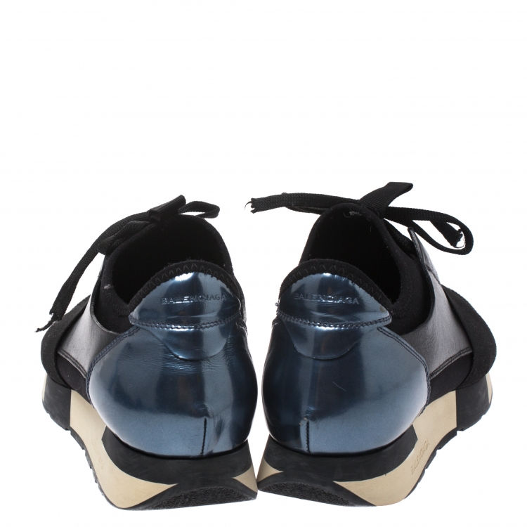 Pre Owned Balenciaga Black Leather, Mesh And Patent Leather Race Runner Sneakers Size 39