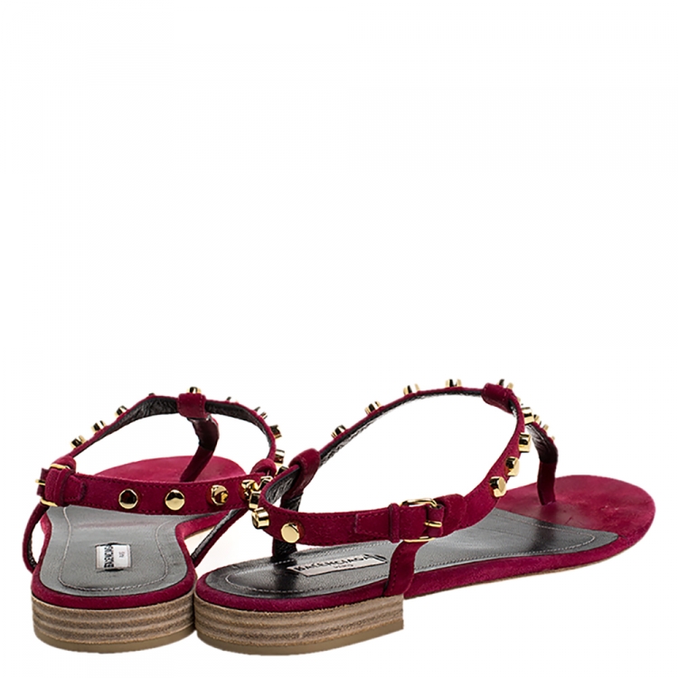 Pre Owned Balenciaga Magenta Suede Studded Thong Flats Size 40