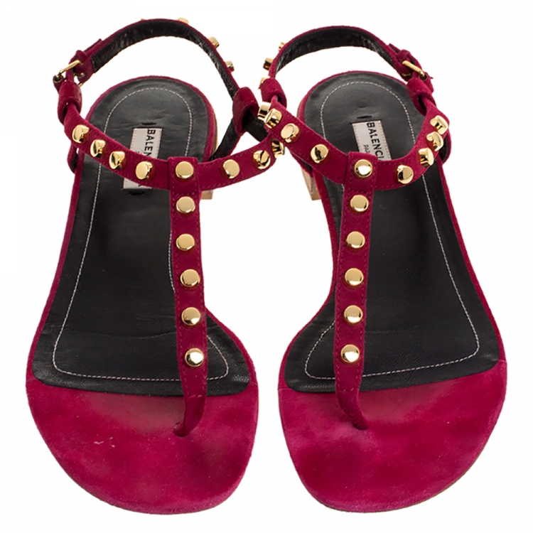 Pre Owned Balenciaga Magenta Suede Studded Thong Flats Size 40